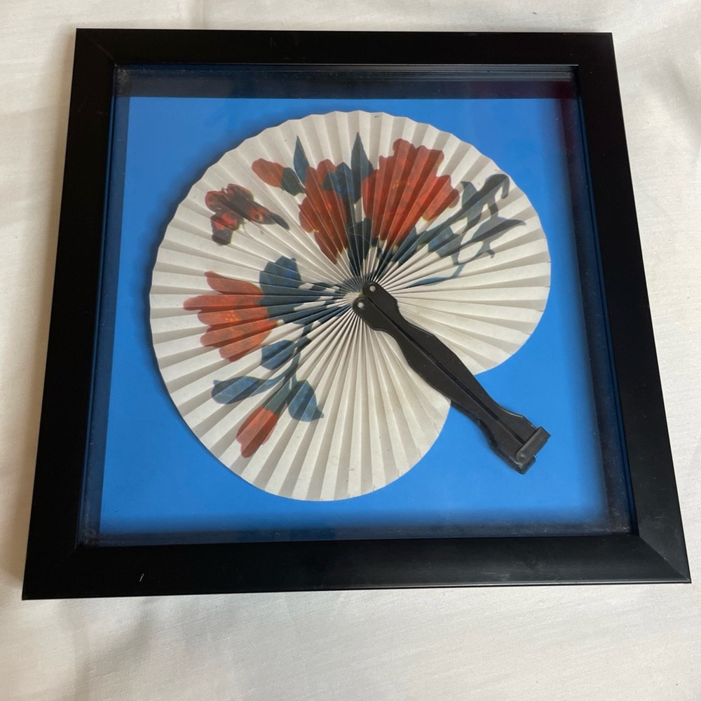 Framed Floral Hand Fan Art Framed Almost 9” Square